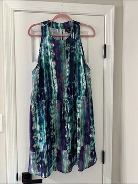 Sleeveless Tie-Waist Watercolor Print Dress - Teal & Purple